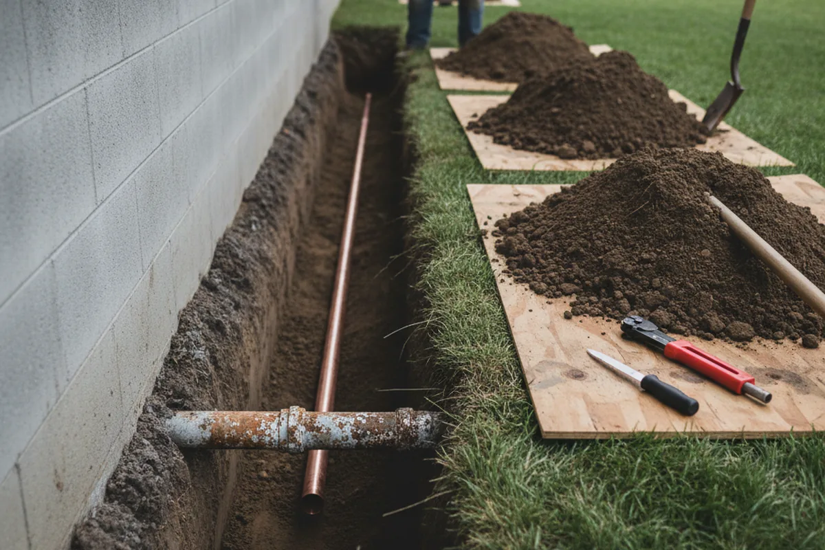 Excavated water line trench during Water Softener Installation in Fort Towson
